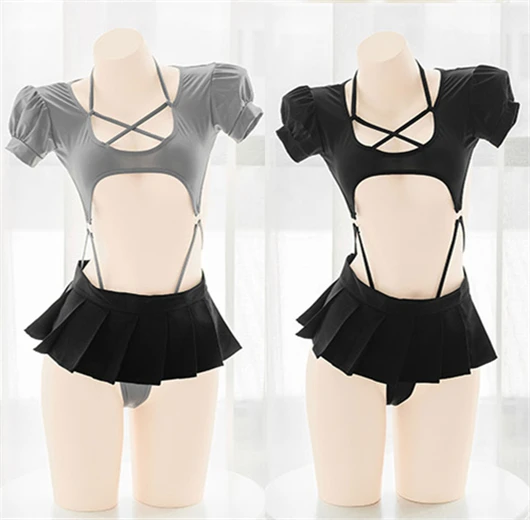 Traje de baño de una pieza de manga abullonada para estudiantes, traje de baño negro con tirantes cruzados, minifalda plisada, uniforme de Cosplay para fiesta en la piscina