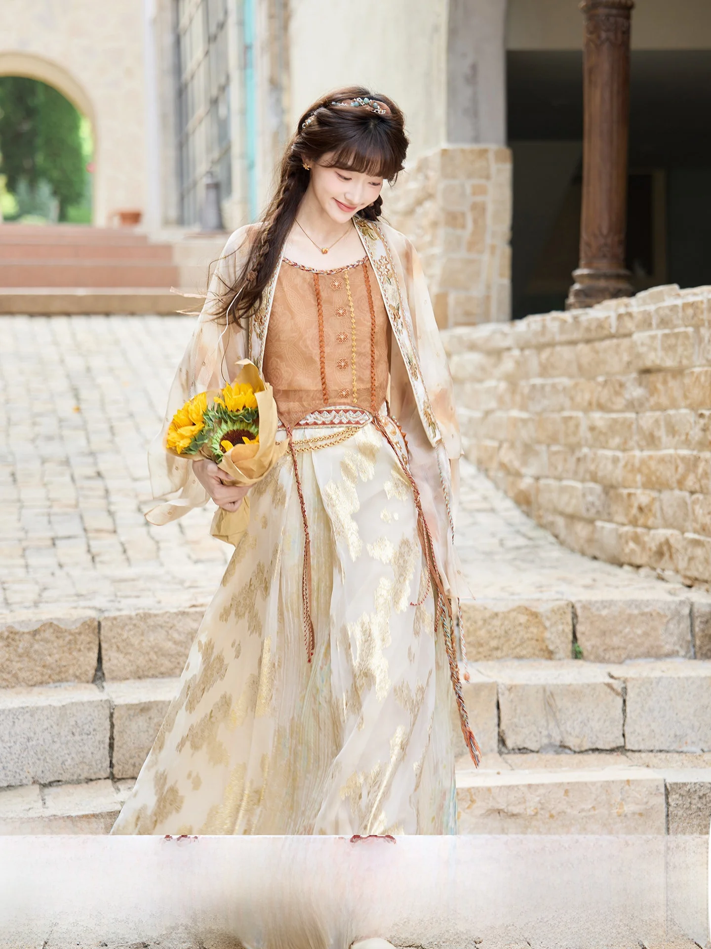 

Thirteen Surplus Gold Tead Embroidery Daily Set Women's Sle Button up Top ter f Skirt Ethnic Wind Hanfu Suit