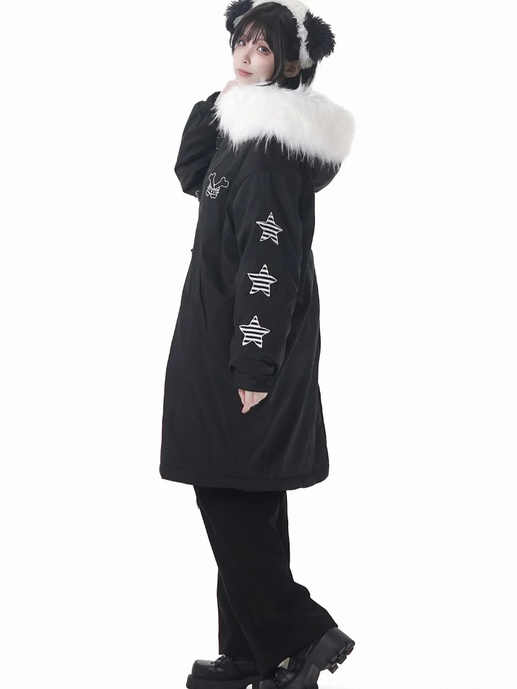 ファッションストリートウェア カレッジスタイル ロングパーカー 星パッチ刺繍 ファーカラー フード付き 厚手 暖かいジャケット レディース 冬用オーバーコート