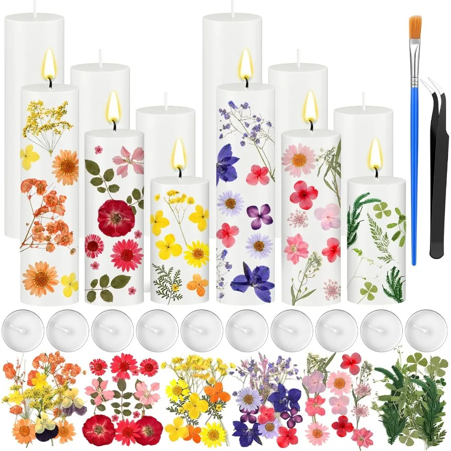 

24 Pack Dried Pressed Flower Candle Painting Kit 6 White Pillar 6 Dried Pressed Flower 10 Tealight Candle with Tweezer Brush fo