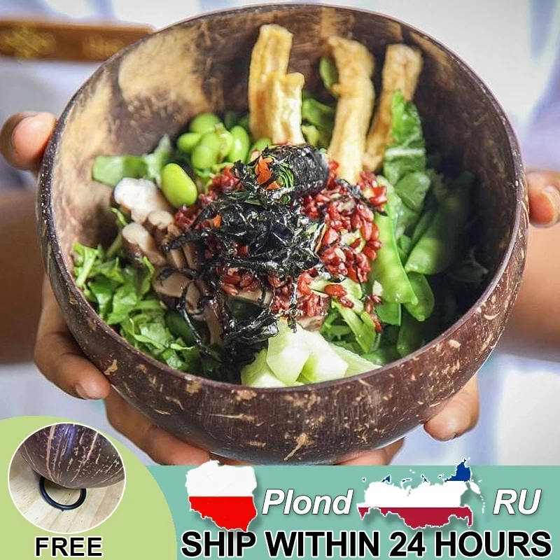 12-15cm Natural Coconut Bowl Handmade Wooden Tableware Wood Spoon Dessert Fruit Salad Mixing Rice Ramen Bowl Kitchen Dinnerware