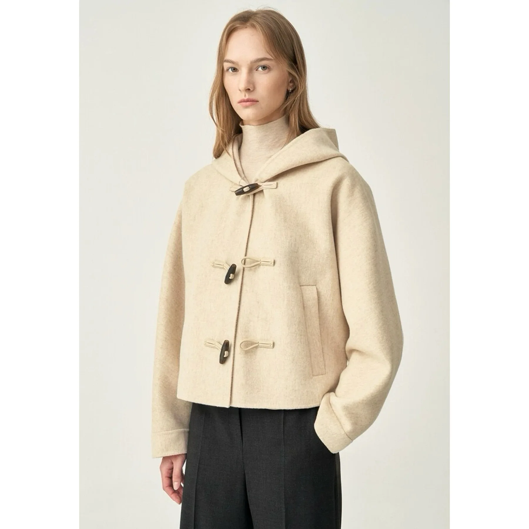 

Lemon Cheese Cas25 Осеннее двустороннее шерстяное пальто с роговыми пуговицами и капюшоном Академический Sle Long Sve Для поездок на работу Чистый ...