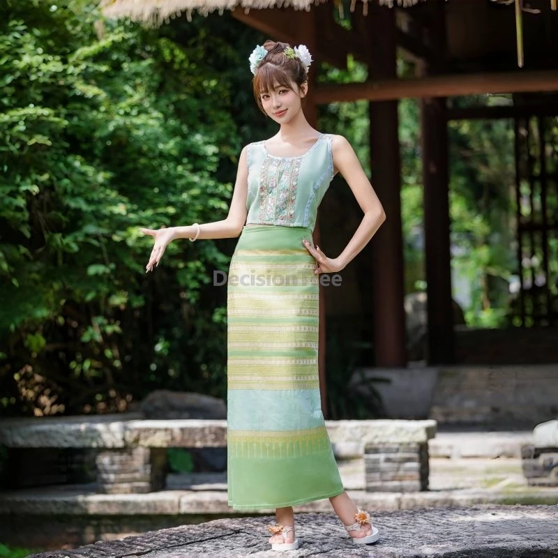 

Фестиваль брызг без рукавов 2025 года, таиландская одежда, дай, этническая традиционная прямая юбка, комплект для путешествий и фотографии xishuangbanna