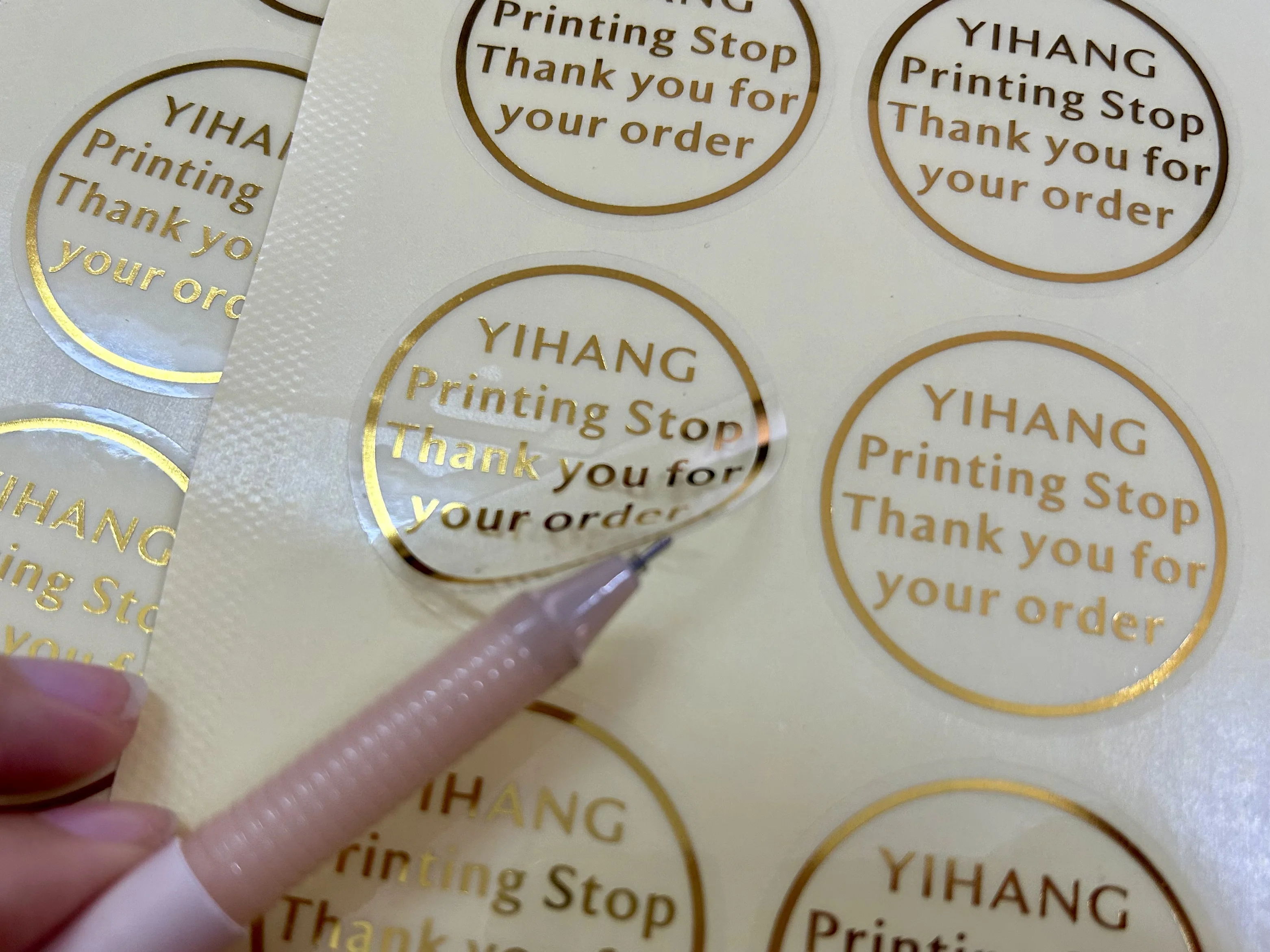 gold font transparent stickers,transparent adhesive,  customize various shapes, customize logos, any text