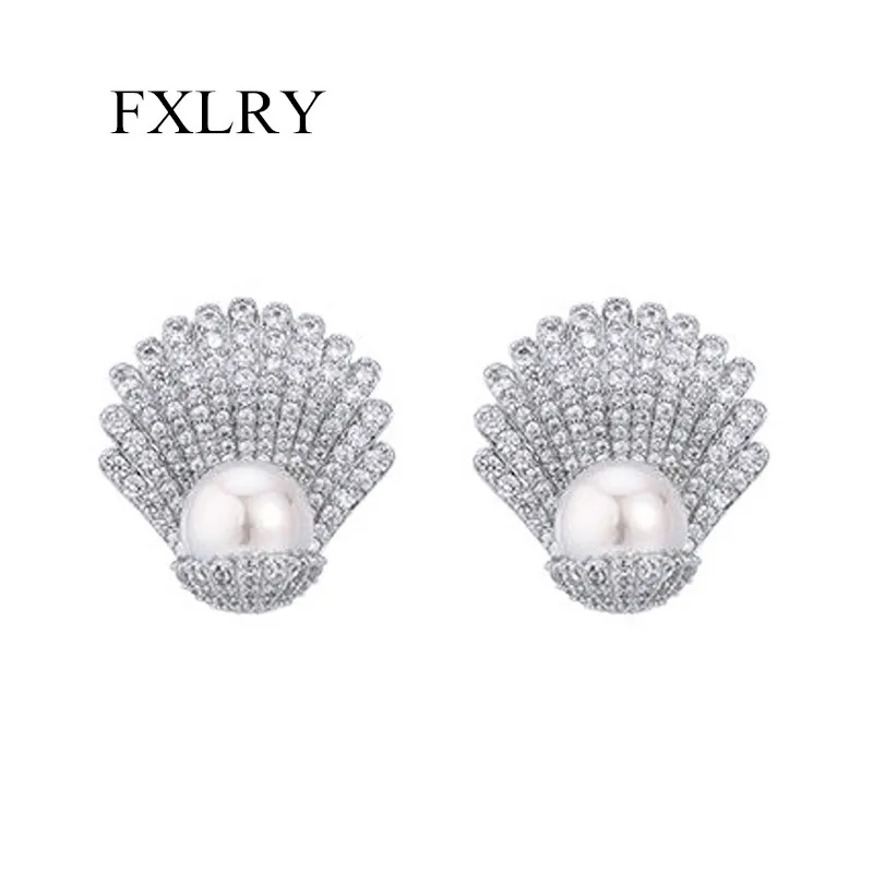 FXLRY-pendientes de perlas grandes con forma de concha de circonita cúbica de Color blanco, diseño único y a la moda, joyería para mujer