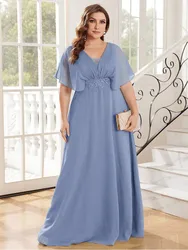 Plus Size V-Neck Multi-Color Luxury Short-Sleeved Chiffon Blue Wedding Bridesmaid Evening Dress Big Size Chiffon Evening Dress