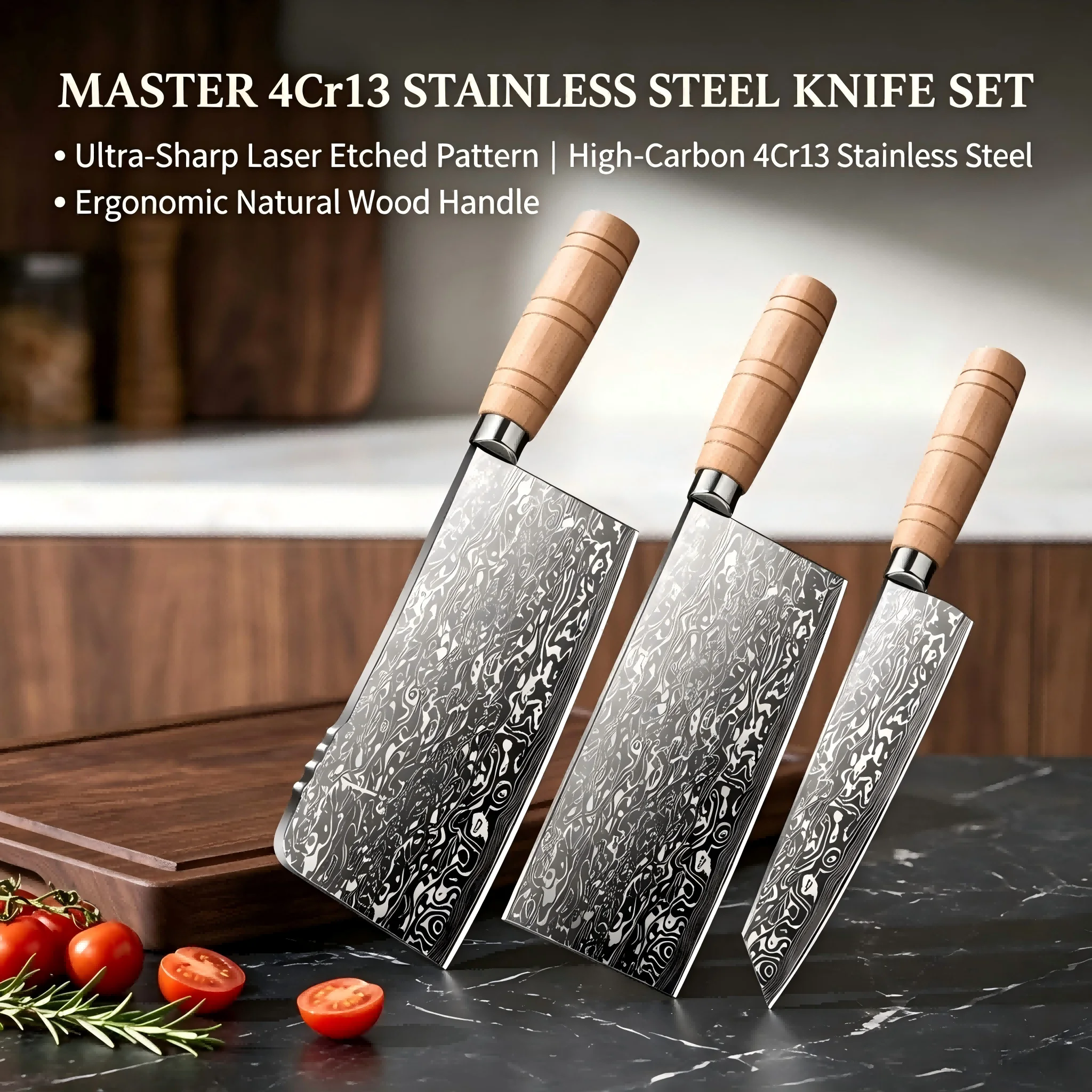 4Cr13 Stainless Steel Kitchen Knife Set, Laser Etched Damascus Pattern, Natural Wood Handle, Cleaver Slicing Chef Knife for Cook