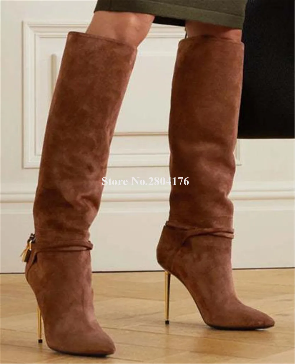 

Fashion Brown Suede Metal Stiletto Heel Knee High Boots Pointed Toe Locks Decorated Thin Heel Long Boots Big Size Boots