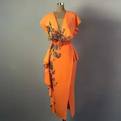 vestido longo Chic Evening Gown robe de soiree Sequins Formal Dresses Orange Cap Sleeve Long Midi Calf Evening Dress abiye