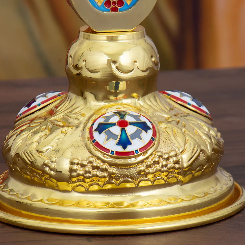 Hot Sale Golden Orthodox Standing Crucifix Floral Enamel Desktop Cross Altar Decor Church Prayer Gift For Believers Wholesale view 4