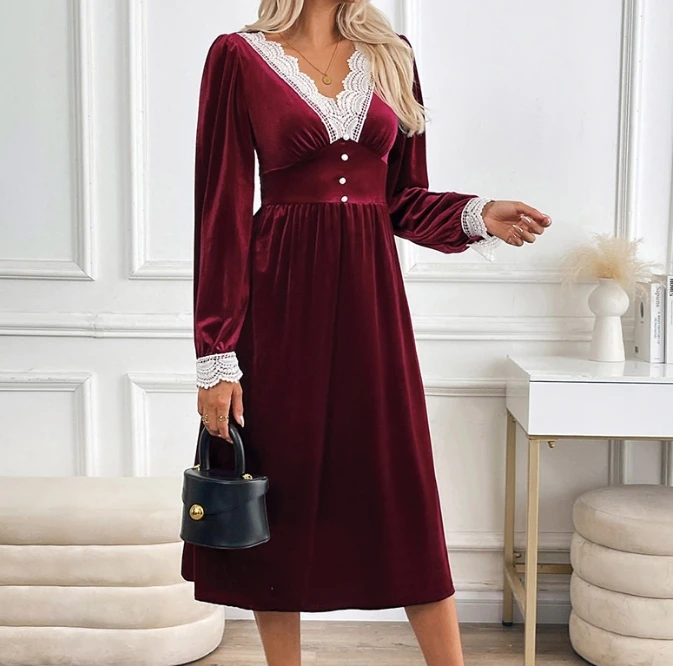 

Elegant Women's Dresses Autumn Fashion Vintage Party Velvet Long Skirt V-Neck Lace Patch Long Sleeved High Waisted A-Line Dress