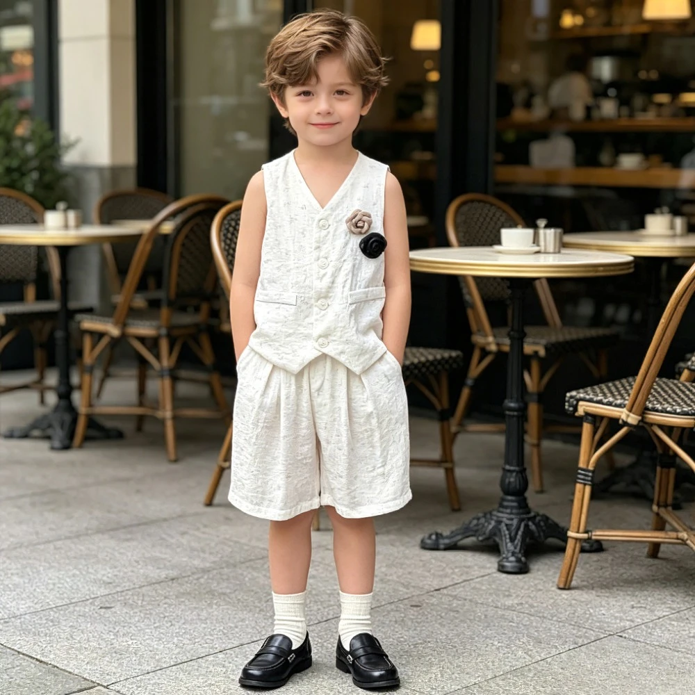 Kids Boys 2Pcs Summer Outfit Set White Sleeveless Vest + Loose Shorts with Flower Brooch Casual Formal Party Beach Holiday Wear