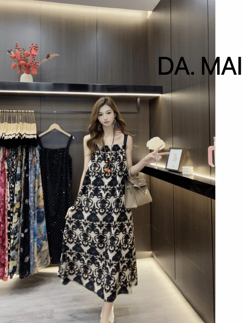 Summer 2025 New Chinese Sle Satin Material Luxury Loose Midi Length Print Svel Dr Ele Skirt Polyester Fiber