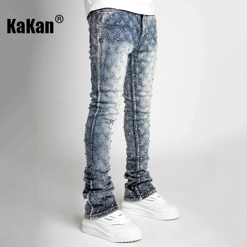 

Kakan - European and American Men's Jeans Personalized Straight Leg Men's Pants Popular Elastic Pearl Layered Denim Men's Pants