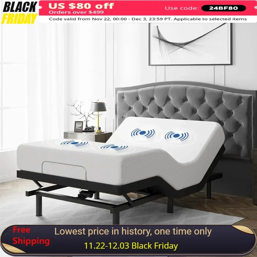 إطار سرير قابل للتعديل بحجم كوين، جهاز تحكم عن بعد وتدليك، USB مزدوج الجانب، إضاءة ليلية، محرك هادئ، جهاز تحكم لاسلكي، إطار سرير كهربائي