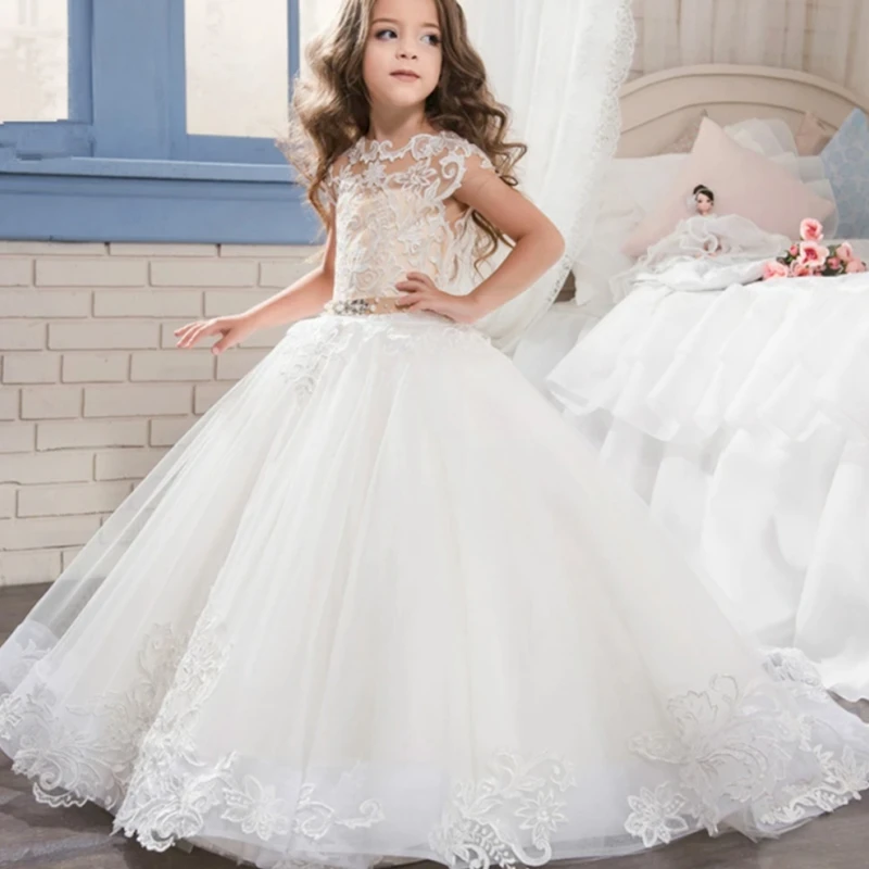 

Flower Girl Dresses Lace Floral Appliques Puffy Sleeveless Occasion Tulle For Wedding Party Prom First Communion Gowns