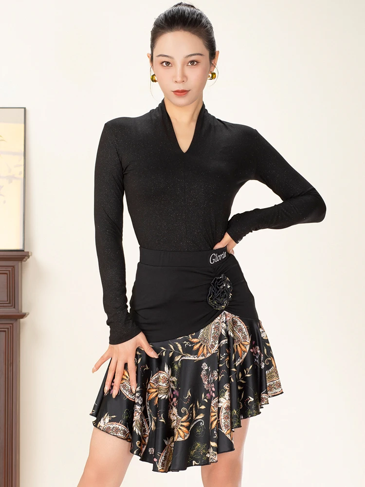 2025 nueva camisa de manga larga con cuello en V con media falda estampada traje de rendimiento Chacha Rumba vestido de Tango ropa latina para adultos XH3789