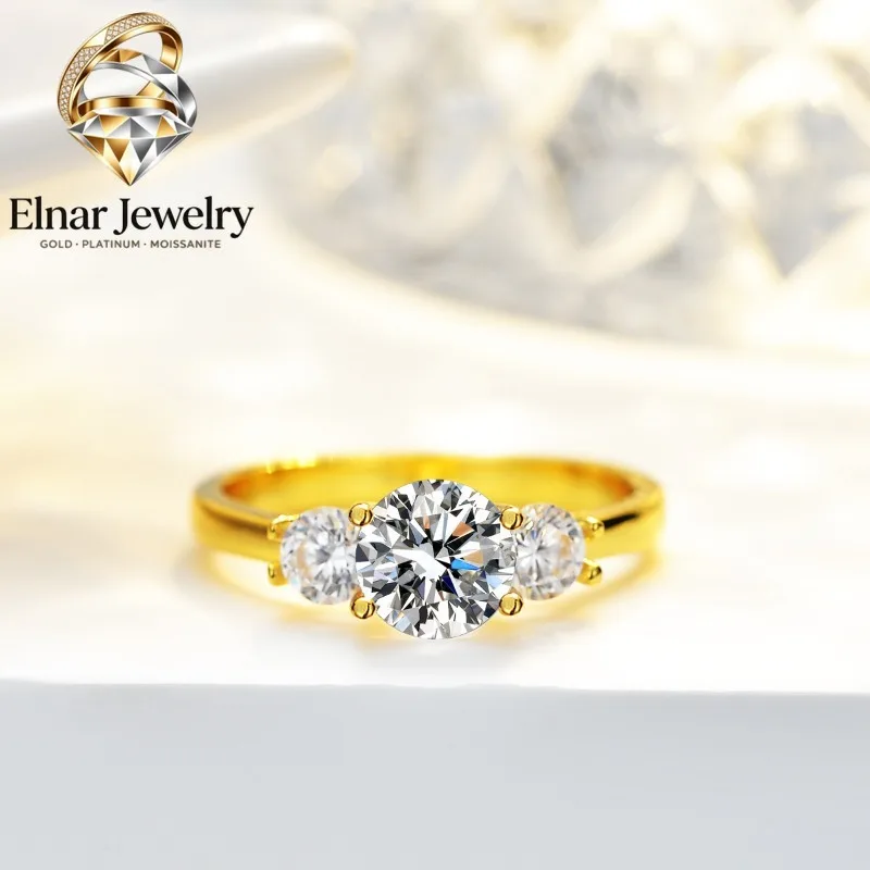 Elnar Jewelry Women's 24K AU999 Gold Ring - 1 Carat 6.5MM Round Moissanite, Elegant Jewelry Piece