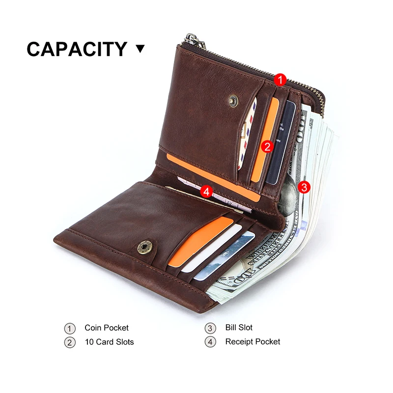 CONTACT'S Genuine Leather Men Wallet Short Bifold Vintage Men's Wallet Luxury Brand Zip Coin Purses Card Holders Money Clip