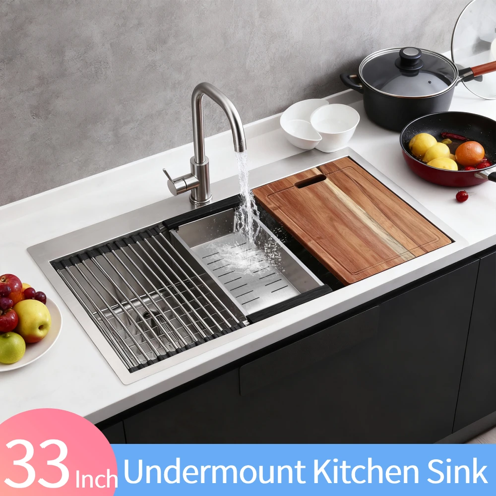 

33 Inch 16 Gauge Undermount Kitchen Sink with Bottom Grid Basket Strainer Built-in Kitchen Sink with Accessories Washing Sink