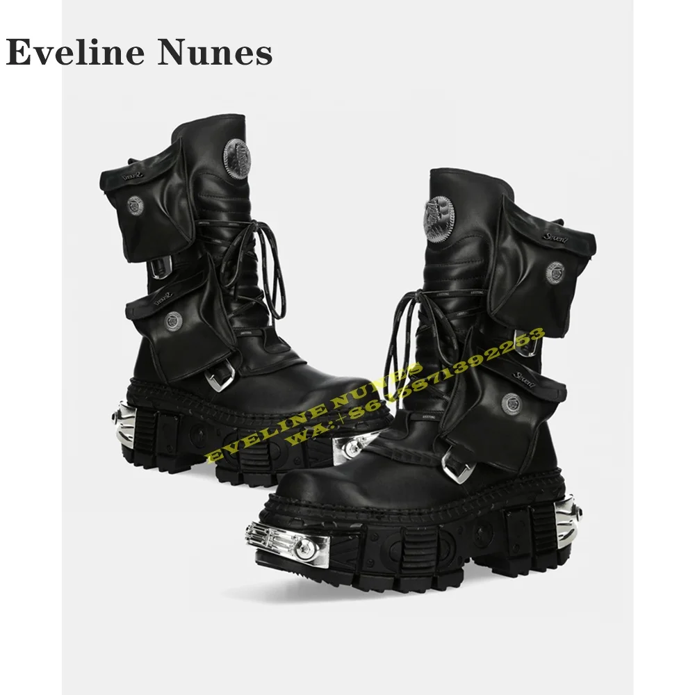 Cyberpunk Platform Pocket Lace Up Motorcycle Boots Heavy Metal Winter 2024 New Style Couple Ankle Boots Round Toe Tank Shoes