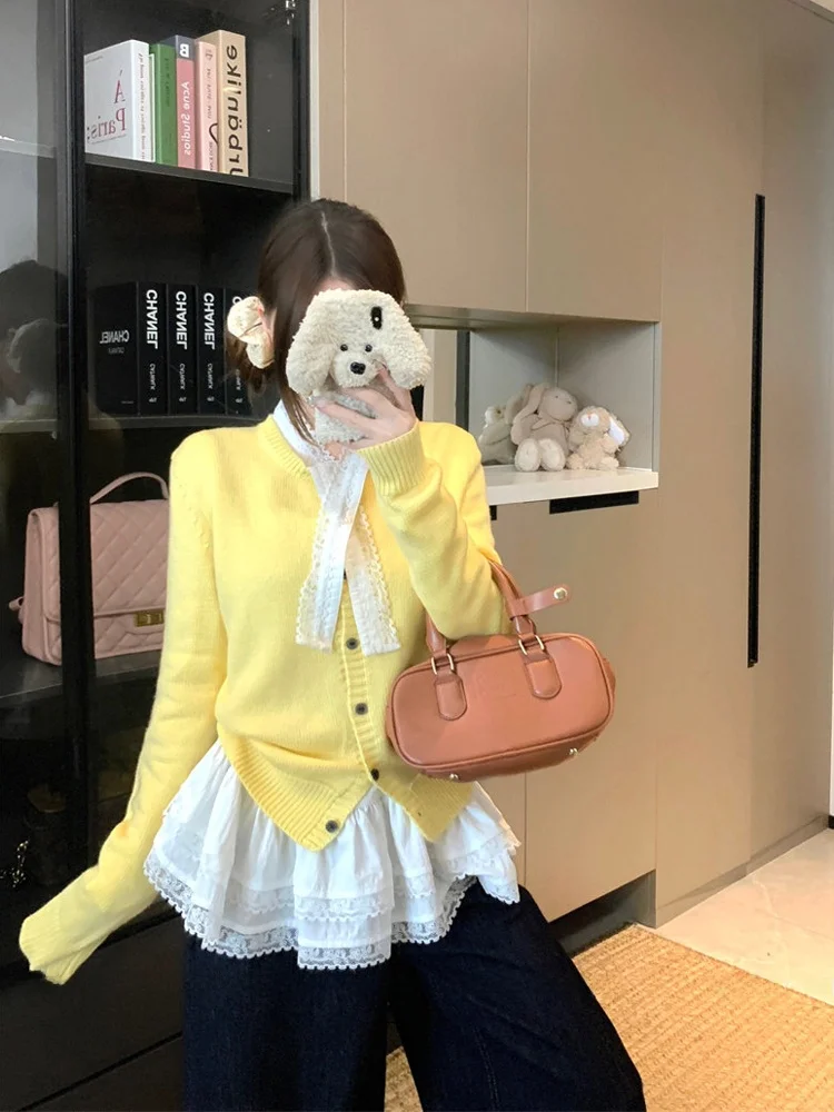 

Нежный вязаный кардиган с кружевными вставками и V-образным вырезом, женский комплект из двух предметов, весенняя новинка, корейский стиль, свободный крой, длинный рукав