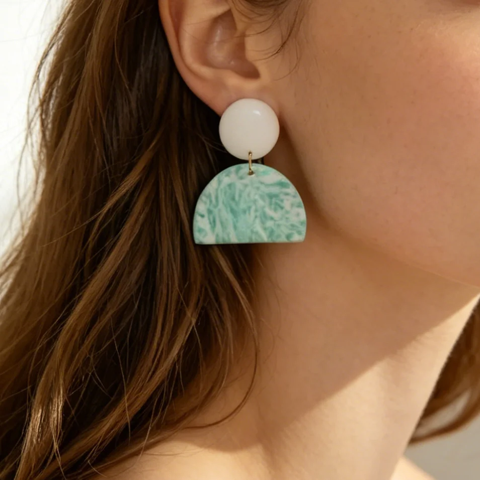 Boho Polymer Clay Earrings Lightweight Dangle Handmade Women's Chevron round Confetti Donut Square Gingham Arch Half Moon Mint