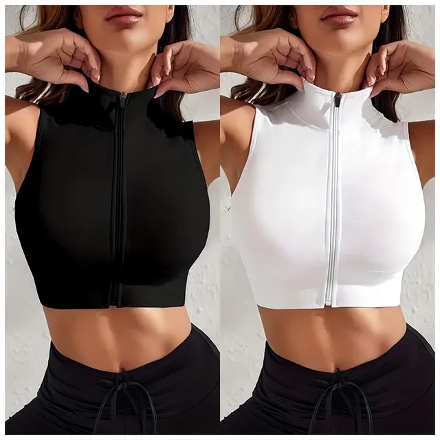 Damski 2-częściowy zestaw dopasowany Oddychający Sexy Yoga Zipper Ćwiczenia Fitness Kamizelka Top