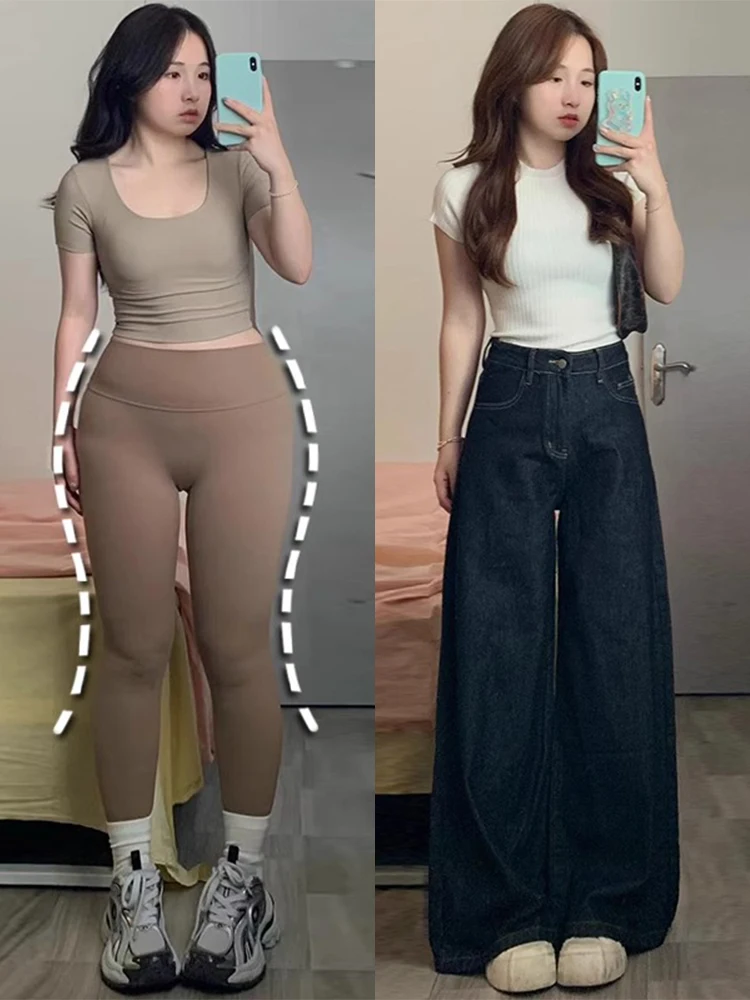 

Женские джинсы Deep Blue с высокой талией, широкими штанинами, свободного прямого кроя, длинные брюки, весна-осень, большие размеры, стройнящие, струящиеся