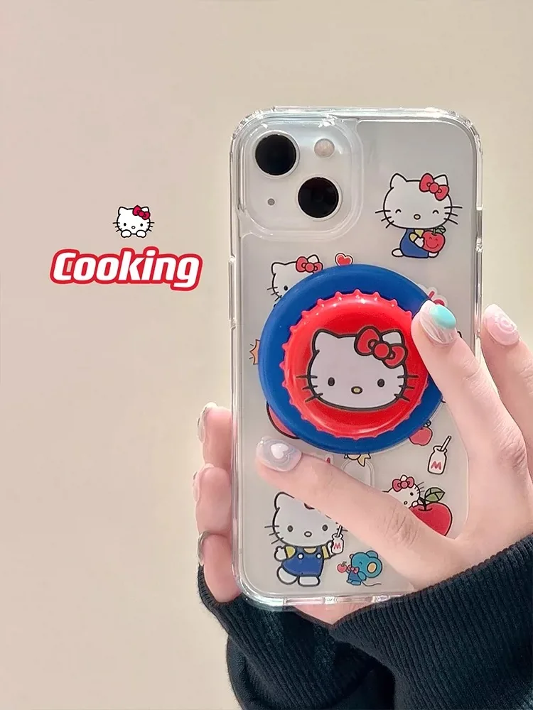 Funny Cartoon Bottle Cap Cute Hello Kitty Cat Magsafe Wireless Charge Case For iPhone 12 13 14 15Pro Max 16 Pro Magnetic Holder