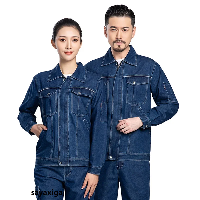 

Summer Denim work clothes for men women Reflective stripe safety working Uniform Mechanic repairman worker Coverall welding Suit