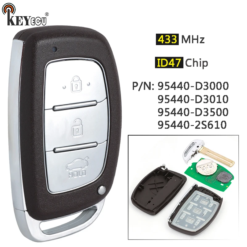 

KEYECU 433 МГц ID47 чип 95440-D3000 95440-D3010 95440-D3500 95440-2S610 дистанционный ключ без ключа для Hyundai IX35 Tucson 2013-2021