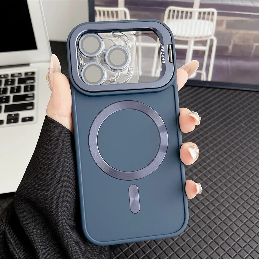Luxuriöse Kamera-Handyhülle mit Objektivschutzfolie und magnetischem Ständer für iPhone 18 17 16 15 14 13 12 11 Pro Max Plus, mattiert, für Magsafe