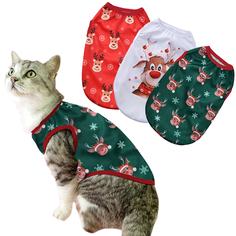 Christmas Cat Clothes Cotton Pet Vest For Small Dogs Cats T-shirt Apparel Puppy Kitten Party Costume Bulldog Two Legged Outfits