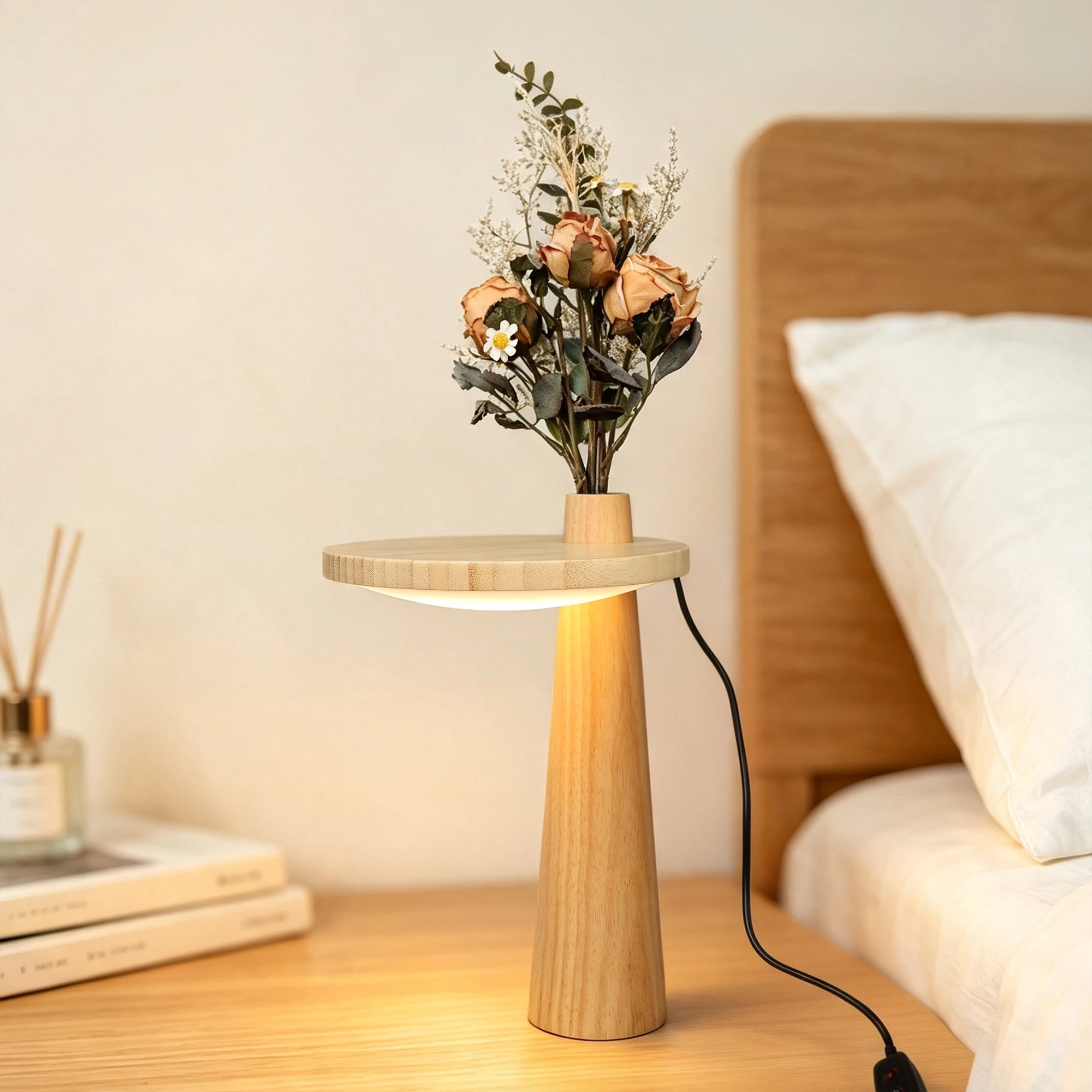 Nordic Style Solid Wood Table Lamp With Vase Slot Stepless Dimmable Brightness Warm Light For Bedroom, Nursery Home Decor.