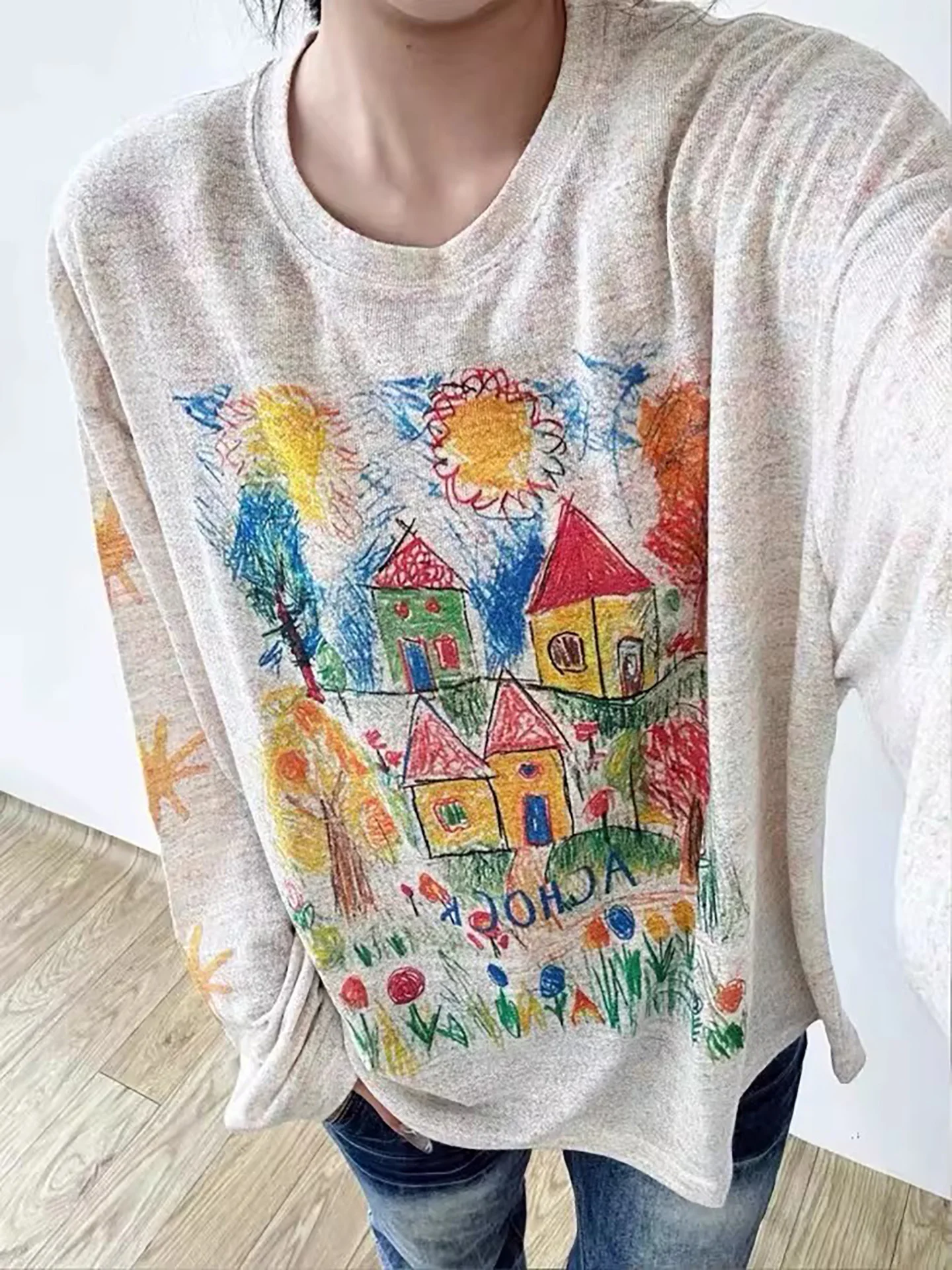 

Retro Lazy Sle Loose Slim Long Sve round Ne Pullover T-irt Women's Spring 2026 New Faion Versatile Casual Top