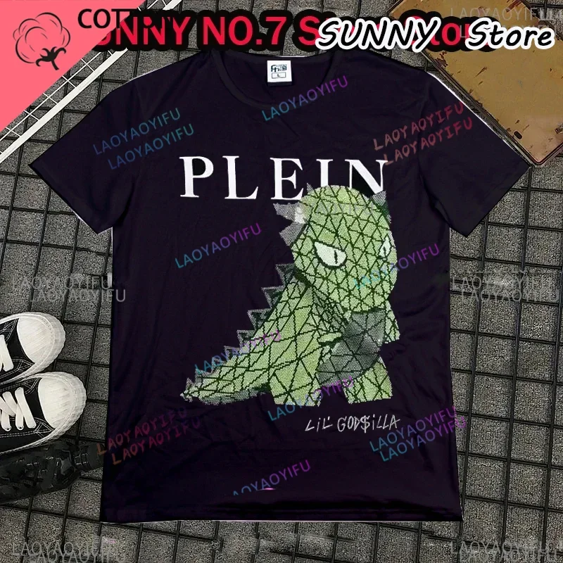 Alex Plein Monster Rhinestone Crystal Streetwear Men's Fashion Unisex 2024 Summer Round Neck Short Sleeve T-shirt