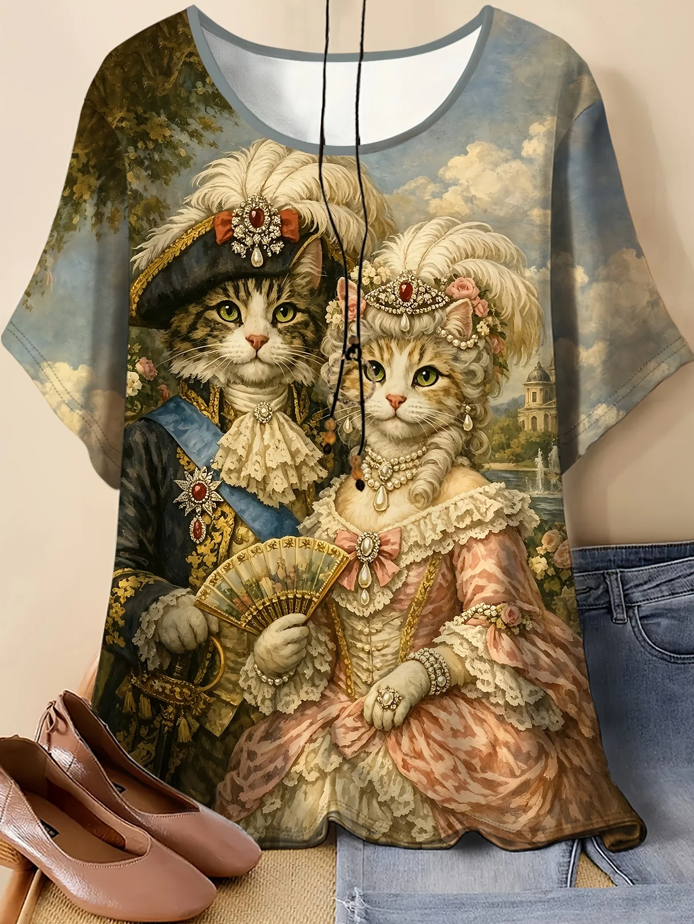 Women Crew Neck Short Sleeve T‑Shirt, Rococo Noble Cat Couple Vintage Oil Painting Graphic Print Casual Summer Tee