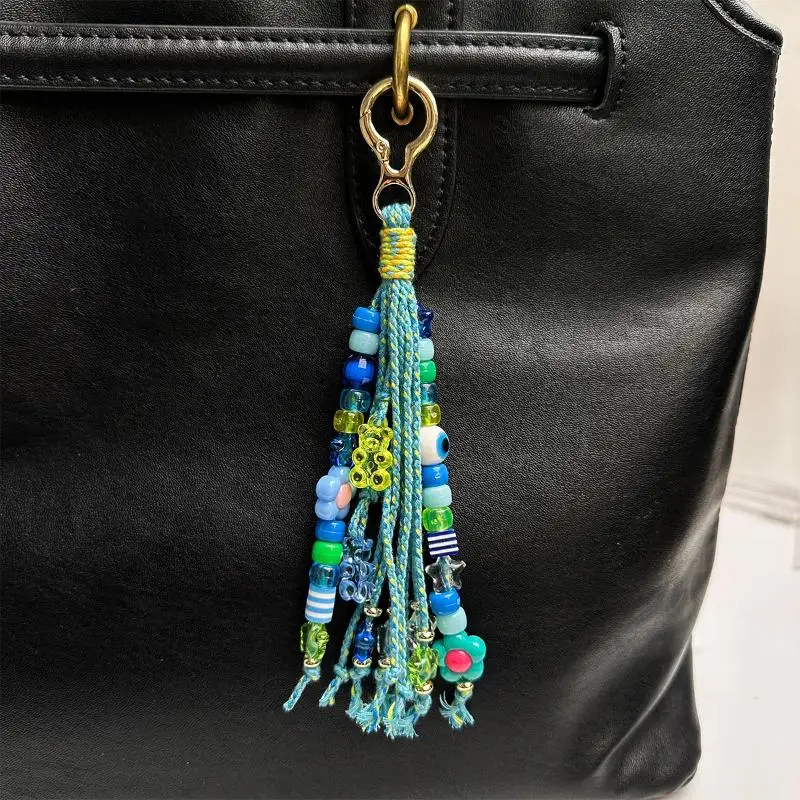 1 Stück Bunter Blumenperlen-Anhänger Schlüsselring Boho Handgefertigter Perlen-Quasten-Schlüsselanhänger für Damen Rucksack Taschen Accessoire Geschenk – Detail 6