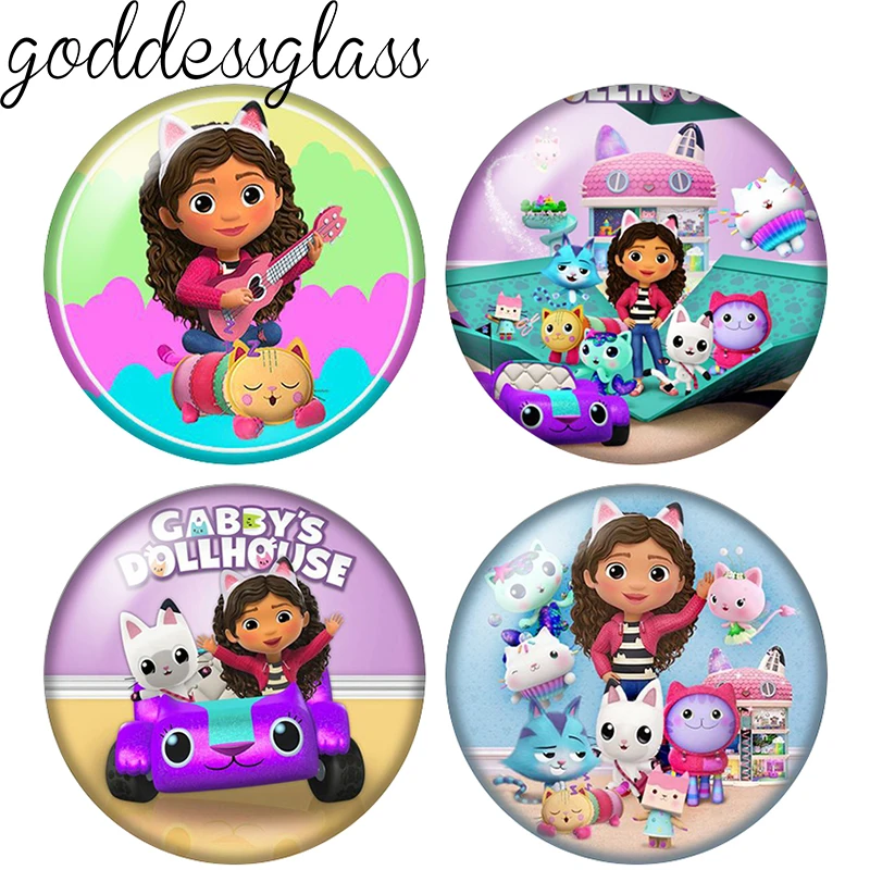 Cabañas de muñecas de Gabby: Cabujón de cristal redondo con foto de Gabby, Gigi y Vera, de 12mm/18mm/20mm, con parte trasera plana, para la creación de llaveros y joyería.