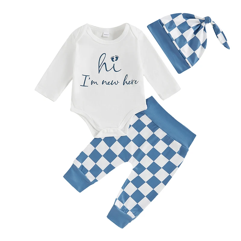 

Baby Boy Fall Outfit Letter Print Long Sleeve Romper Checkerboard Elastic Waist Pants Hat 3 Piece Set