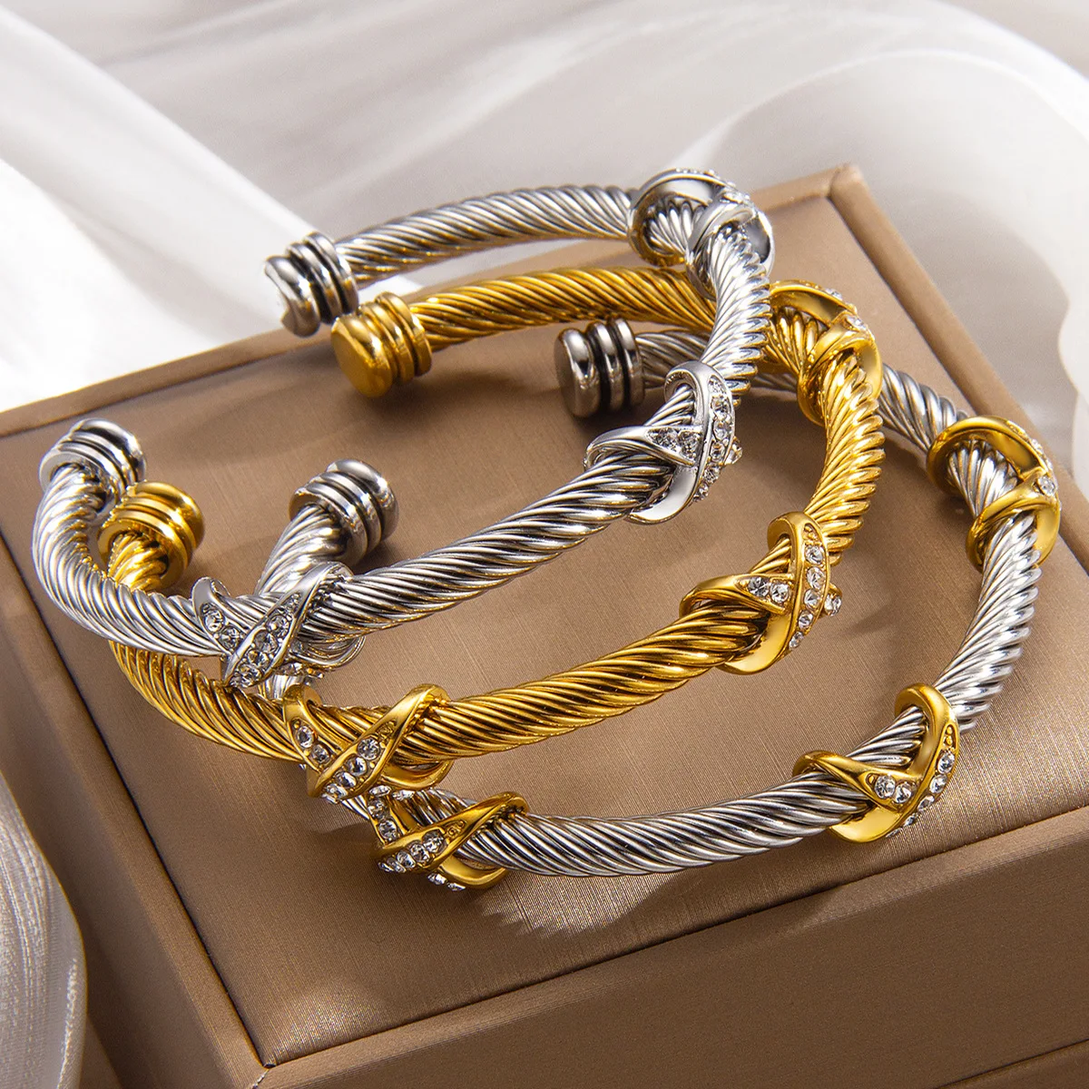 1pcs Stainless Steel Gold-plated Bangle Trendy Retro Hip-hop Style Bracelet Fried Dough Twists Steel Wire Rope Colorfast Bangle