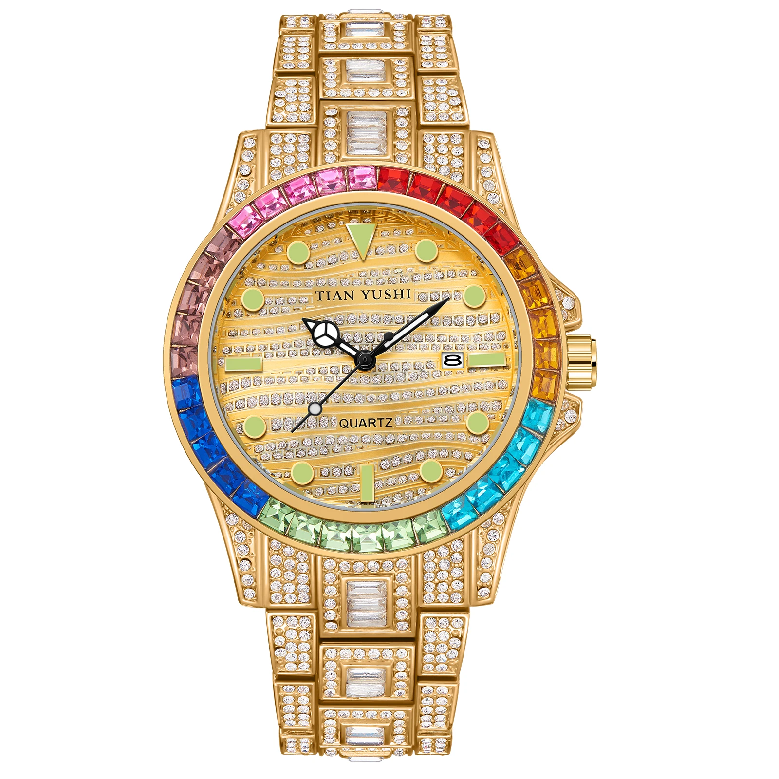 Imagem -05 - Homens Iced Out Bling Assista Completa Diamante Analógico Quartz Wrsitver Rainbow Bezel Data Auto Relógios Impermeáveis Aço Inoxidável