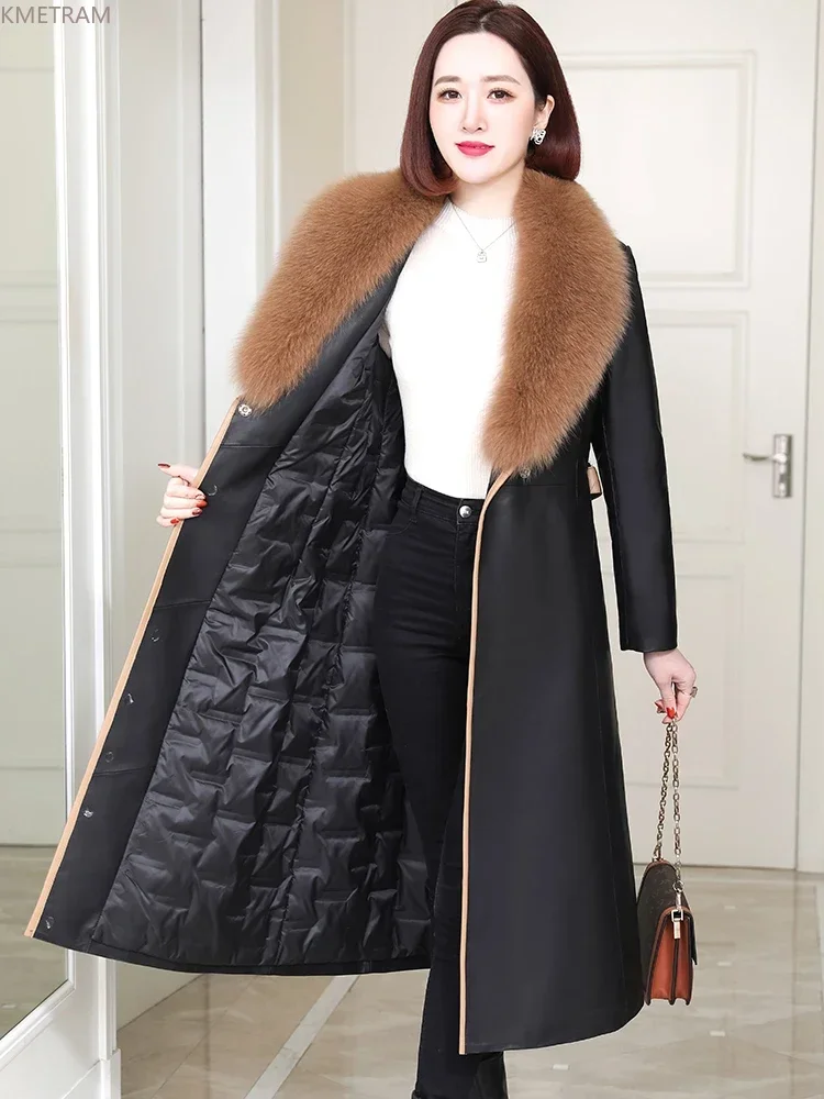 Autumn and Winter Genuine Sheepskin Leather Jacket Women Luxury Winter Fox Fur Collar Long Windbreaker Leather Coat Down Jackets