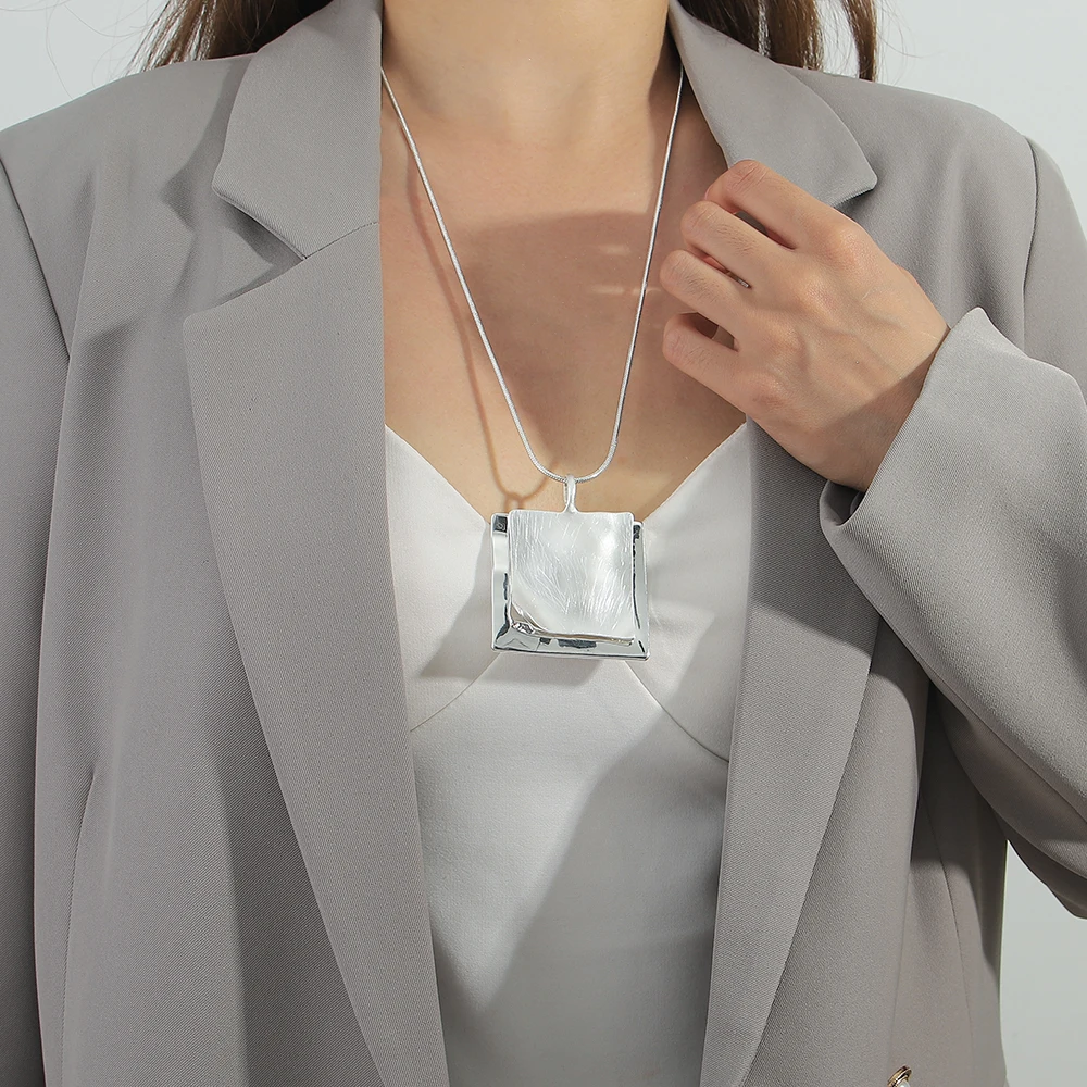 

Amorcome Silver Color Geometric Square Big Pendent Necklaces For Women Elegant Alloy Choker Trendy Polished Jewelry Gift For Her