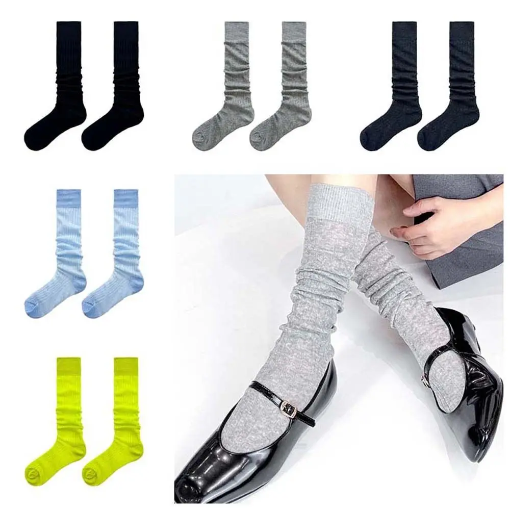 

Miu Style Fashion Lolita JK Calf Socks Cotton Solid Color Knee High Socks Bunching Socks Japanese Style Mid-tube Stocking Women