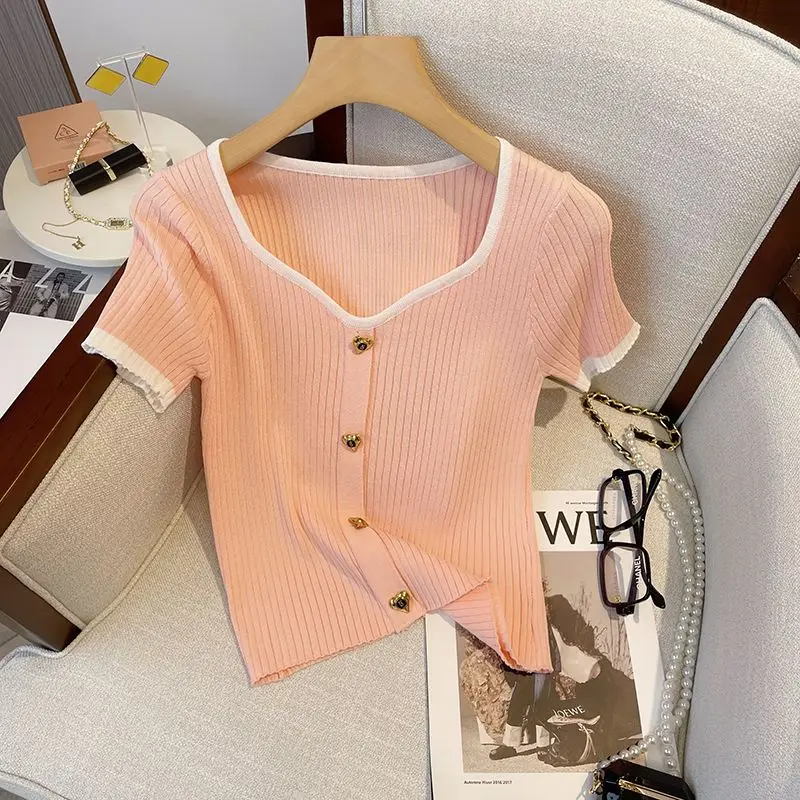 Temperament Exposed Collarbone Peach Neck Knit Sweater 2024 Summer Slim Short Sleeve T-shirt Women's Design Sense Hot Girl Top