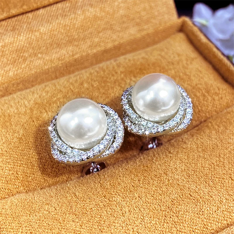 Huitan Sparkling Cubic Zirconia Imitation Pearl Stud Earrings for Women Silver Color Temperament Girls Ear Accessory Hot Jewelry