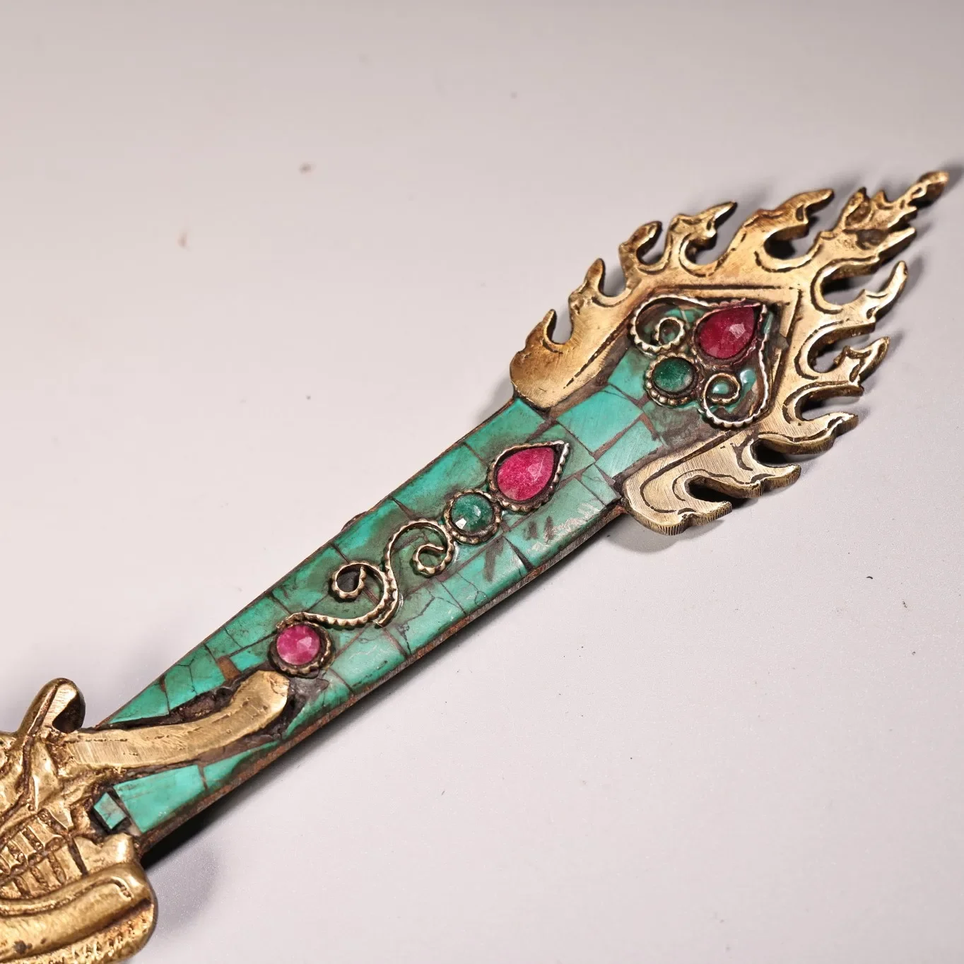 

11"Tibetan Temple Collection Old Bronze Painted Mosaic Gem Turquoise Manjusri Sword Vajra Phurpa Amulet Town house Exorcism