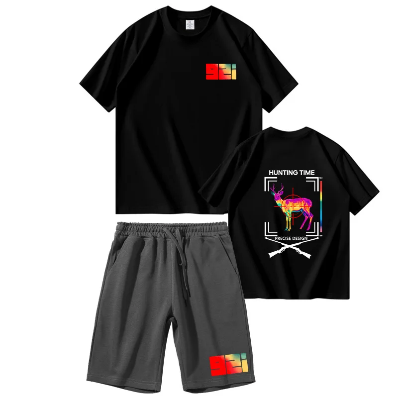 Men's Summer Short Sleeve Shorts Set, T-Shirt Shorts 2-piece set, Hunting Graphic Print Crew Neck T-Shirt, High Quality Clothing